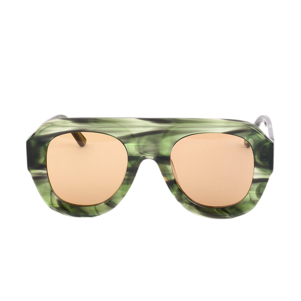 Lunettes de soleil unisexes au design minimaliste. Vert marbré, verres jaunes UV400.