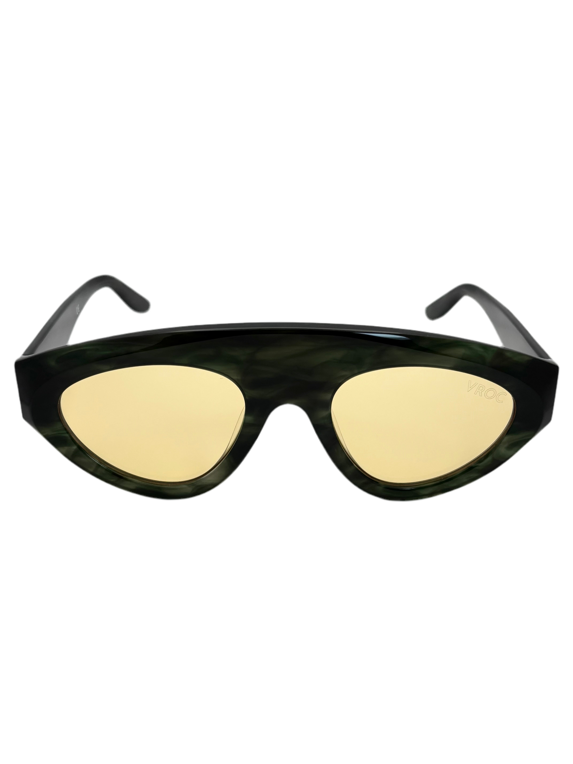 Lunettes de soleil en acétate haut de gamme de la marque VROC en acétate vert tortoise et Ambre Matinal